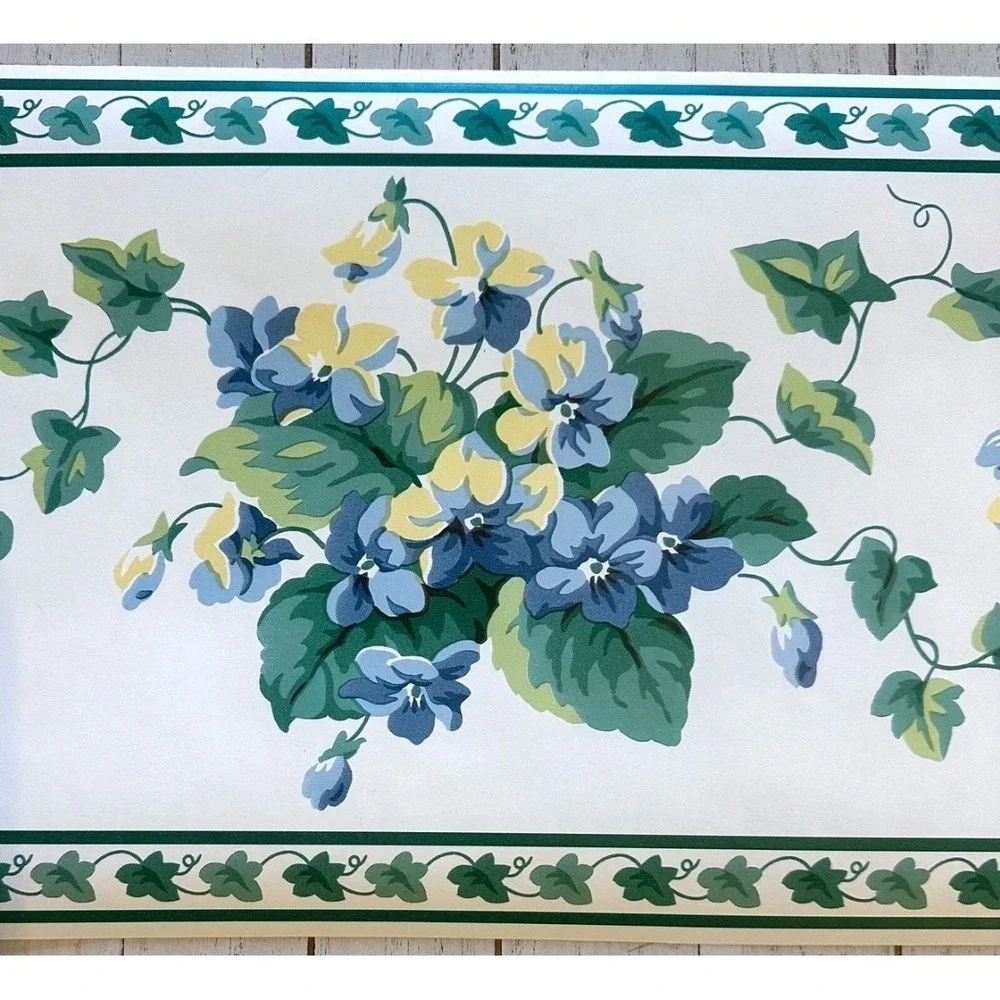 VTG Waverly Wallpaper Border 563654 Ivy w Blue Yellow Flowers 9